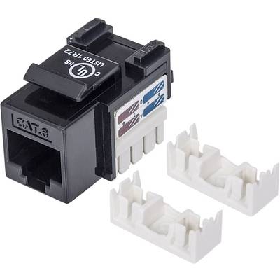 Un module Keystone Cat.6 avec des connexions codées par couleur. Il comprend deux supports blancs pour faciliter l'installation.