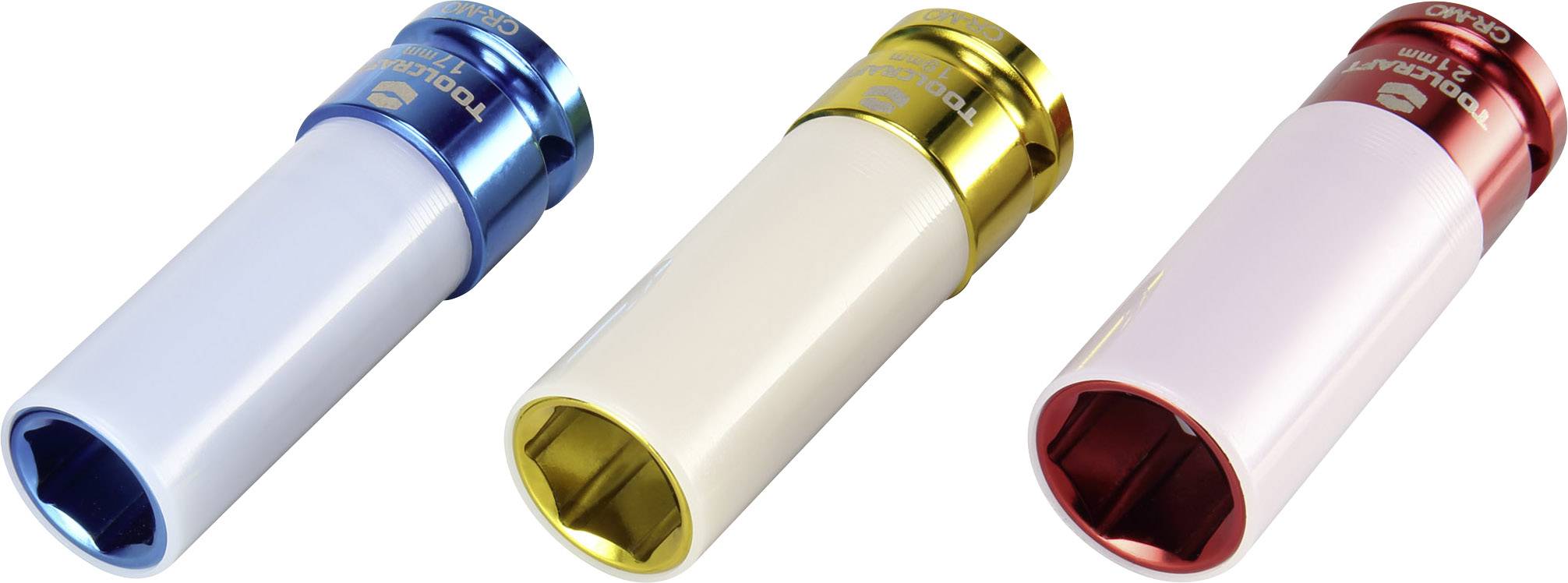 Trois chevilles multicolores (bleues, jaunes, rouges) avec un corps blanc, alignées côte à côte. Outil pour travaux de vissage.