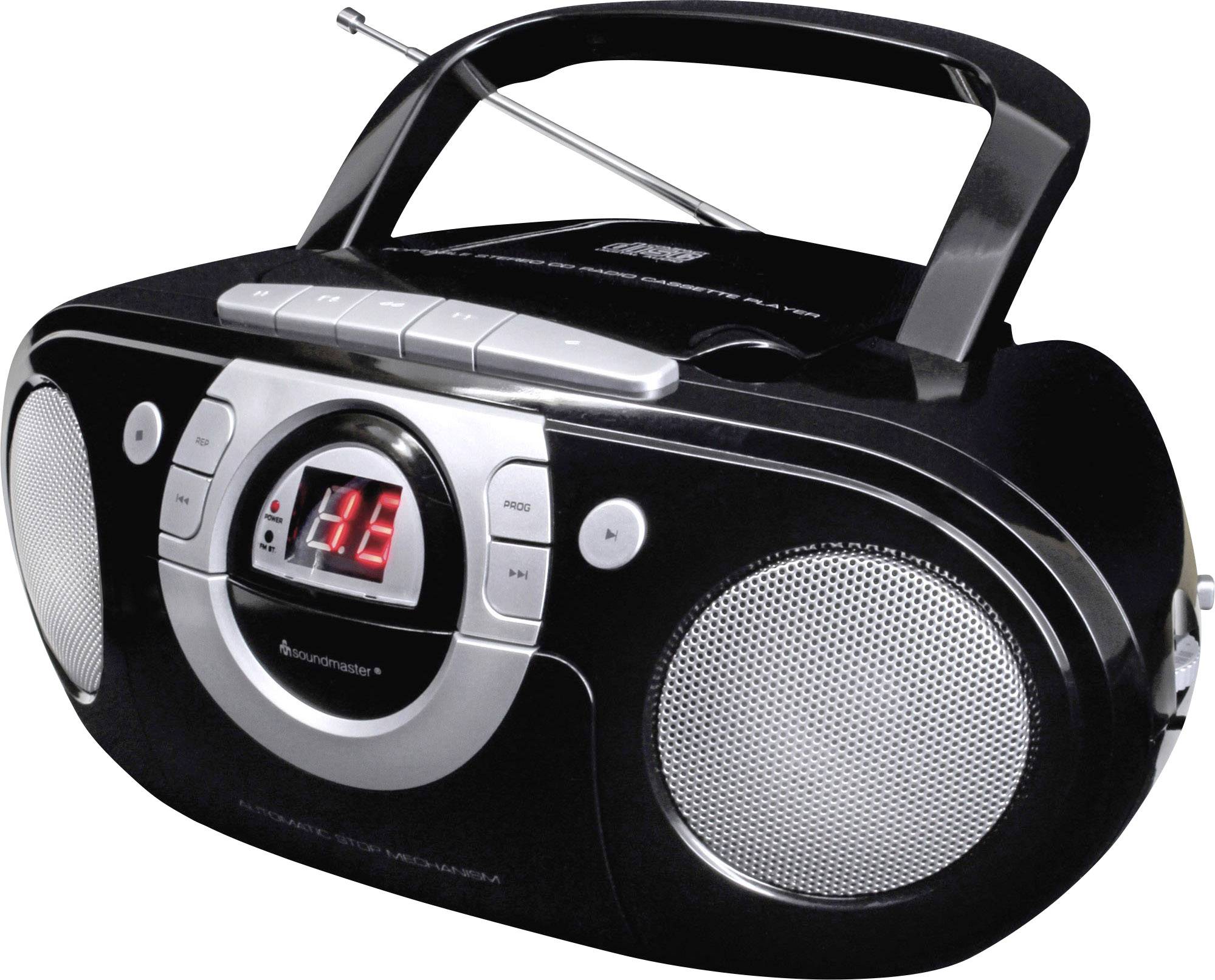 Poste radio-lecteur CD portable en noir avec des détails argentés et une antenne radio, montrant les boutons de réglage du volume et un affichage avec indicateur LED rouge.