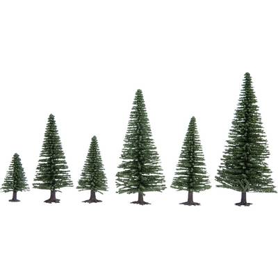 Six arbres de sapin verts de différentes tailles sont alignés, du plus petit à gauche au plus grand à droite.