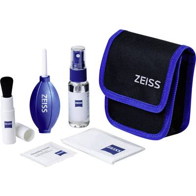 Kit de nettoyage pour appareils optiques avec soufflet, liquide de nettoyage, pinceau, chiffons et sachet, tous marqués du logo Zeiss.
