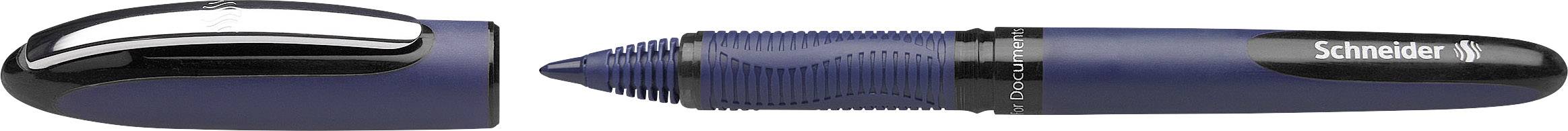 Stylo bleu marine avec capuchon, posé horizontalement. Le stylo a une poignée ergonomique et porte l'inscription 'Schneider'.