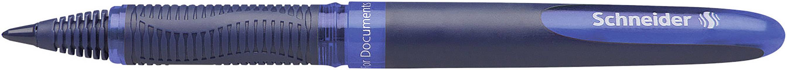 Stylo à bille bleu de marque Schneider sur le clip. Boîtier lisse avec des lignes ondulées sur la prise pour une meilleure adhérence.