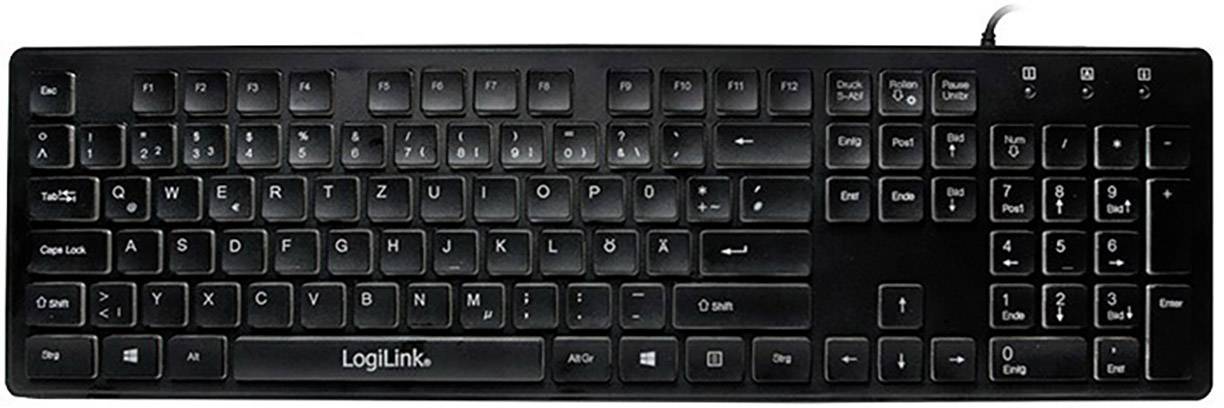 Un clavier d'ordinateur noir avec une disposition complète des touches, incluant le pavé numérique et les touches de fonction. Câble en haut à droite.