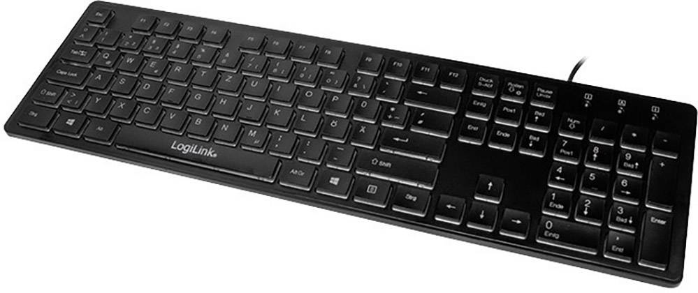Clavier filaire noir avec disposition de touches allemande, pavé numérique et touches de fonction en haut de l'écran.