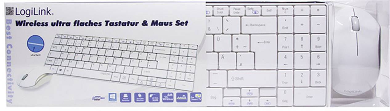 'Ensemble clavier et souris sans fil ultra-plat de LogiLink, illustré dans son emballage avec un clavier et une souris blancs.'