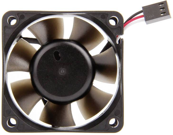 Ventilateur d'ordinateur noir à sept pales, avec un cadre carré et un câble d'alimentation sur le côté.