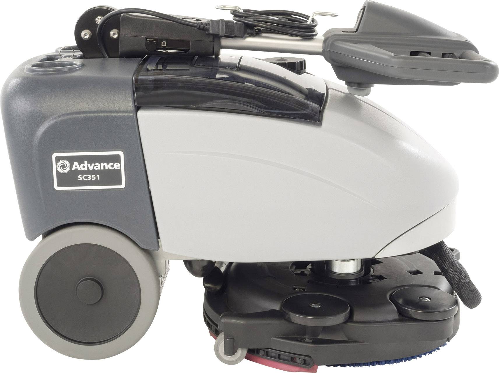 Machine de nettoyage de sol compacte dans des tons gris et noir, adaptée pour une utilisation dans des espaces de petite à moyenne taille.