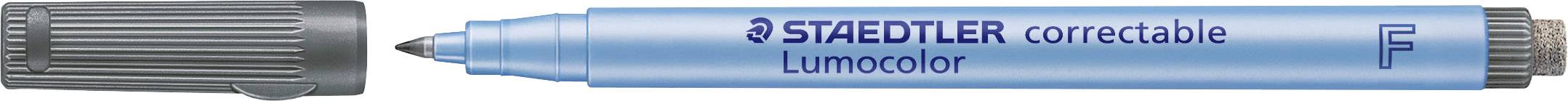 Stylo Lumocolor bleu de la marque Staedtler avec capuchon gris amovible, adapté aux corrections.
