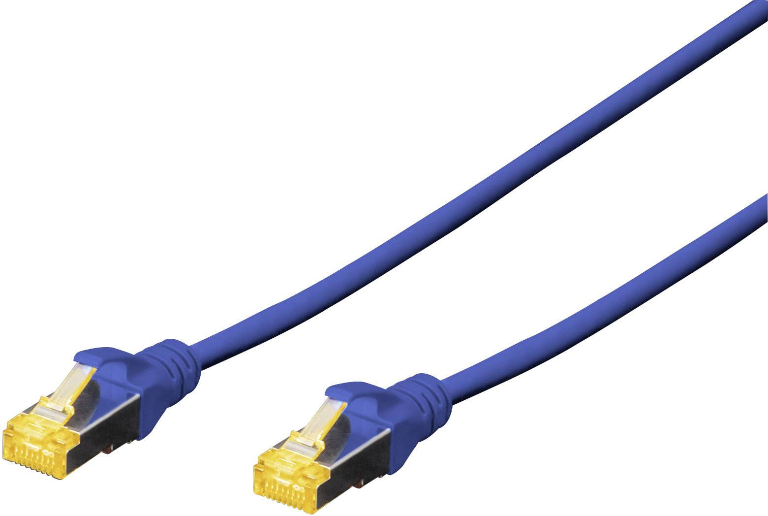 Câble Ethernet bleu avec deux connecteurs RJ45 jaunes, utilisé pour les connexions réseau.