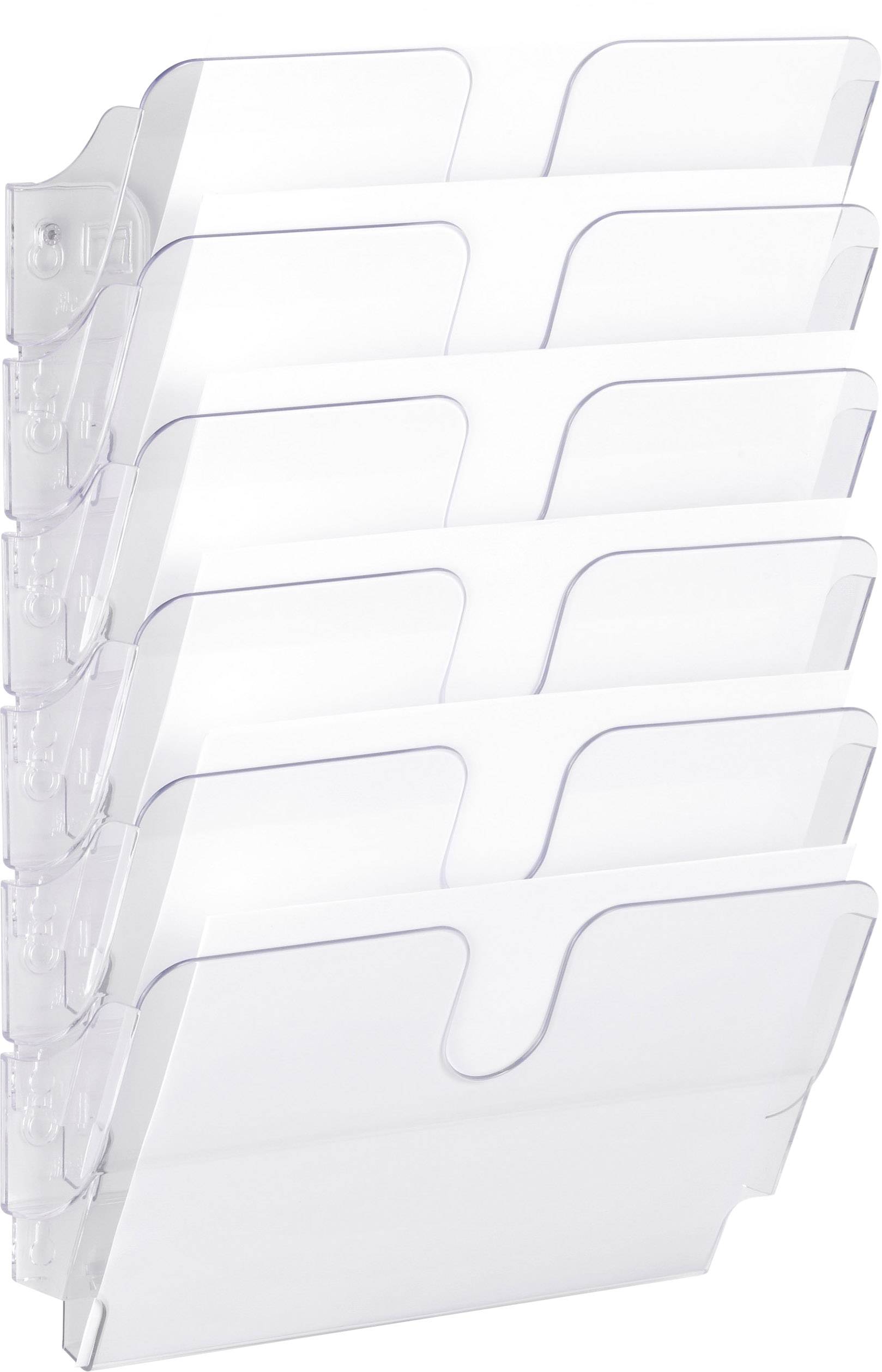 Plusieurs casiers muraux transparents s'empilent les uns sur les autres, permettant d'organiser des documents ou du matériel de bureau.