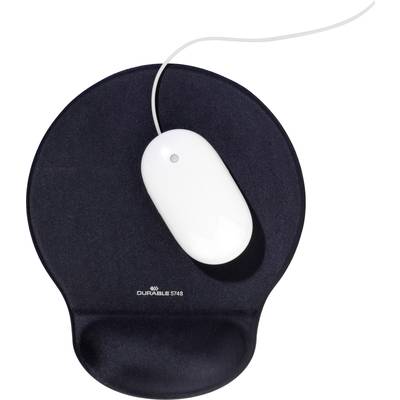 Souris d'ordinateur blanche sur un tapis de souris ergonomique noir avec repose-poignet, vue de dessus.