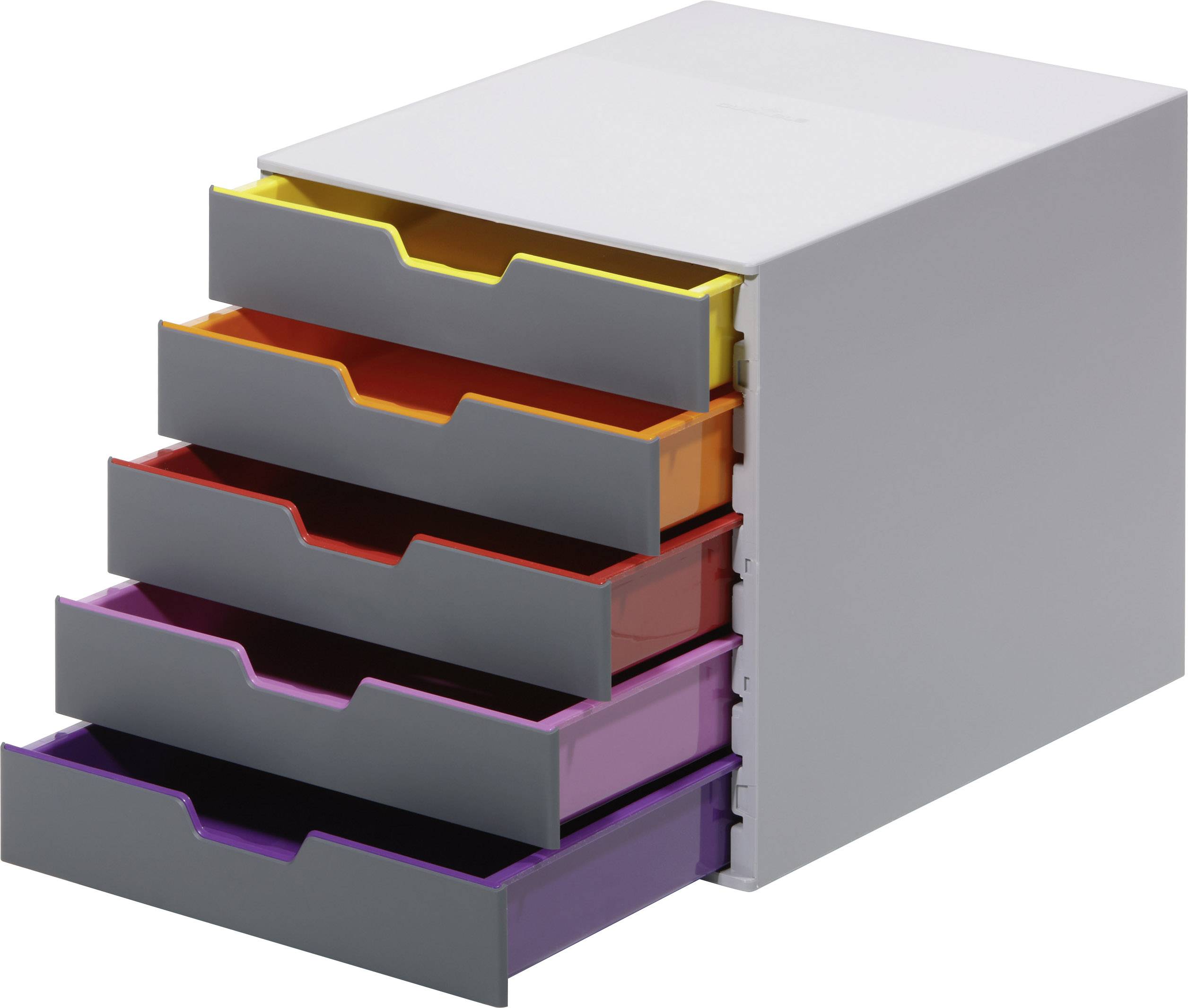 Un système de tiroirs gris avec cinq tiroirs colorés en jaune, orange, rouge, rose et violet, partiellement ouverts.