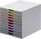 Un cube de rangement compact multicolore avec dix tiroirs de différentes couleurs, conçu pour le stockage et l'organisation de documents.