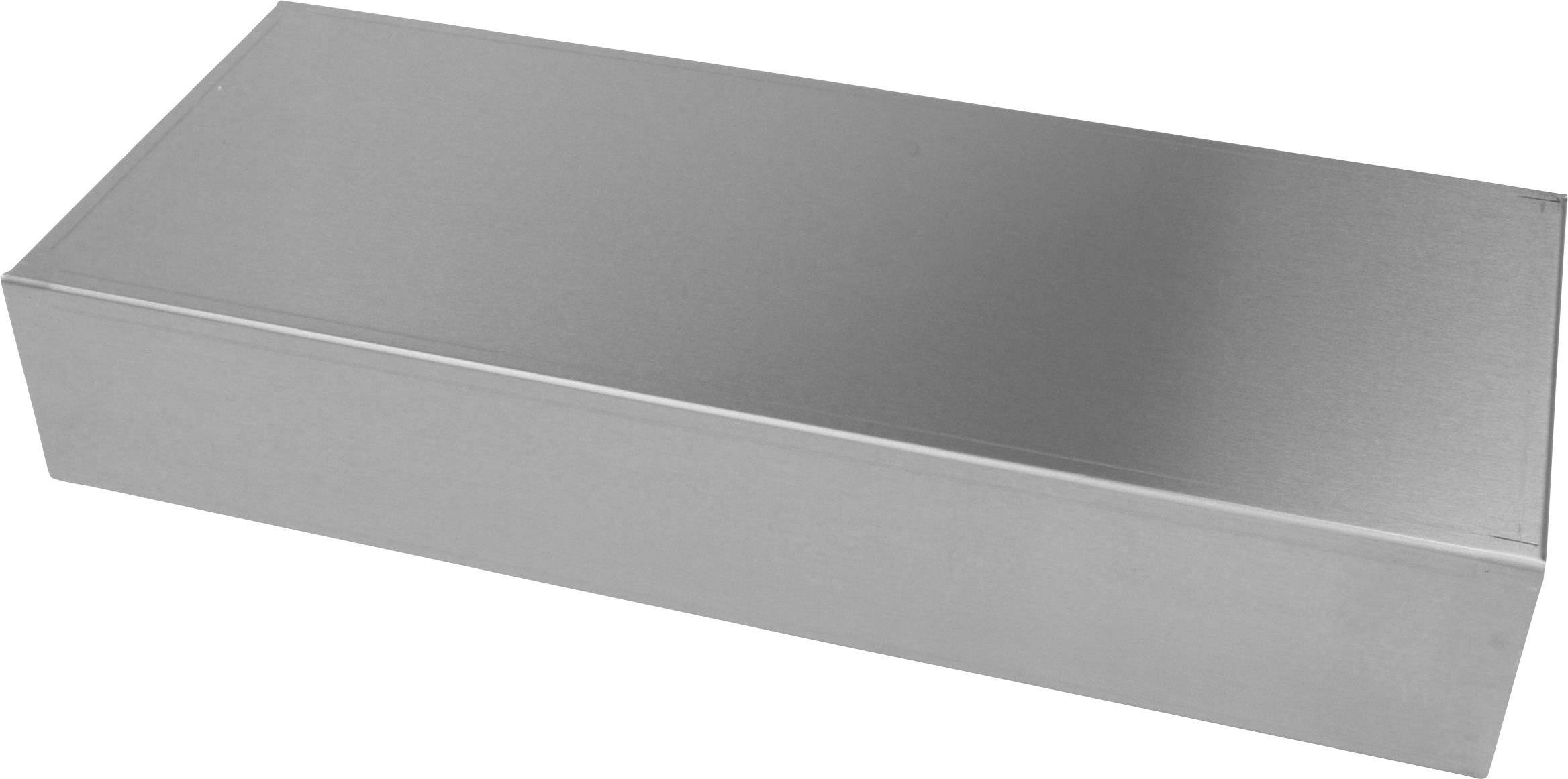 Boîte en métal argenté rectangulaire à surface lisse. Aucune marque ou étiquette visible.
