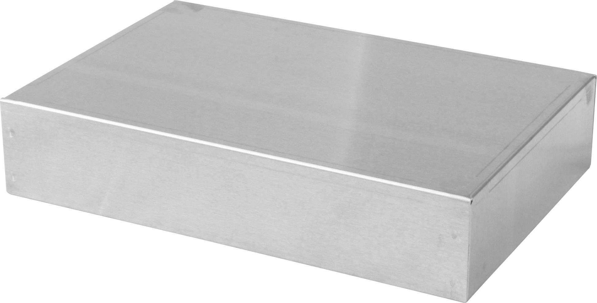 Une boîte en métal rectangulaire à surface lisse, de couleur argent, sans marques ou identifications visibles.