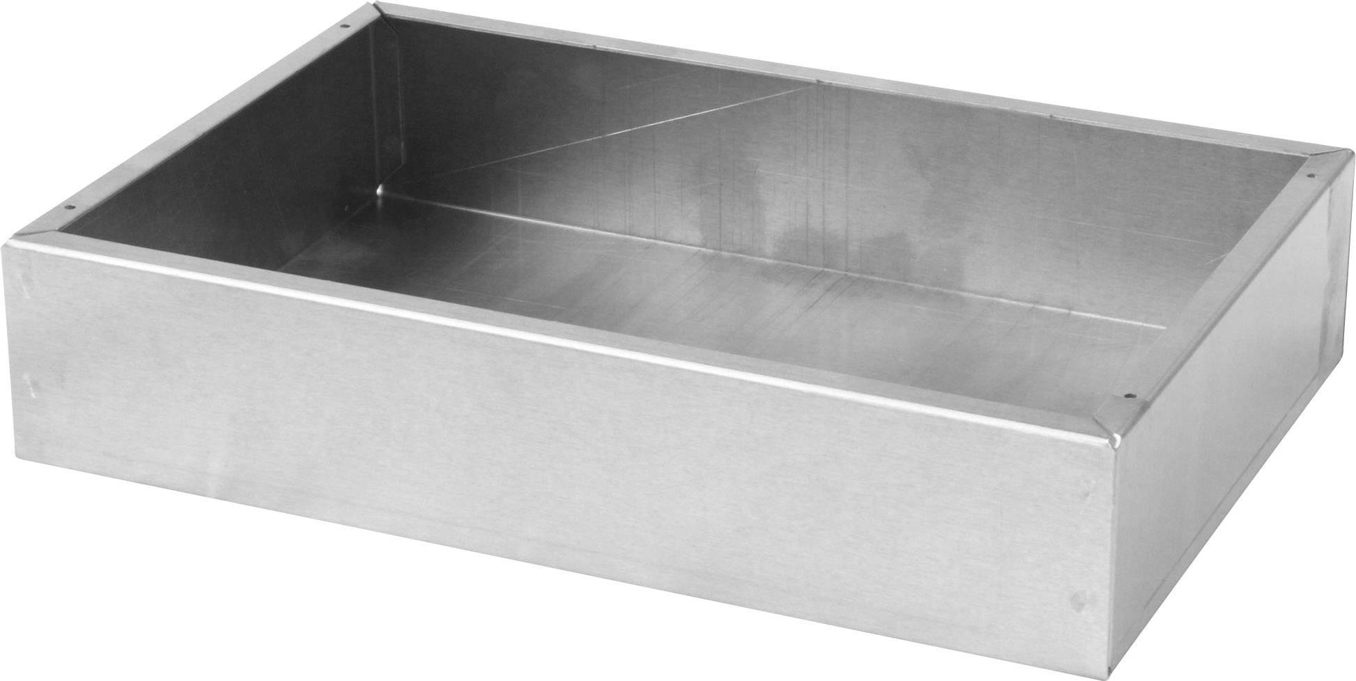Boîte en métal sans couvercle, rectangulaire, couleur argent.