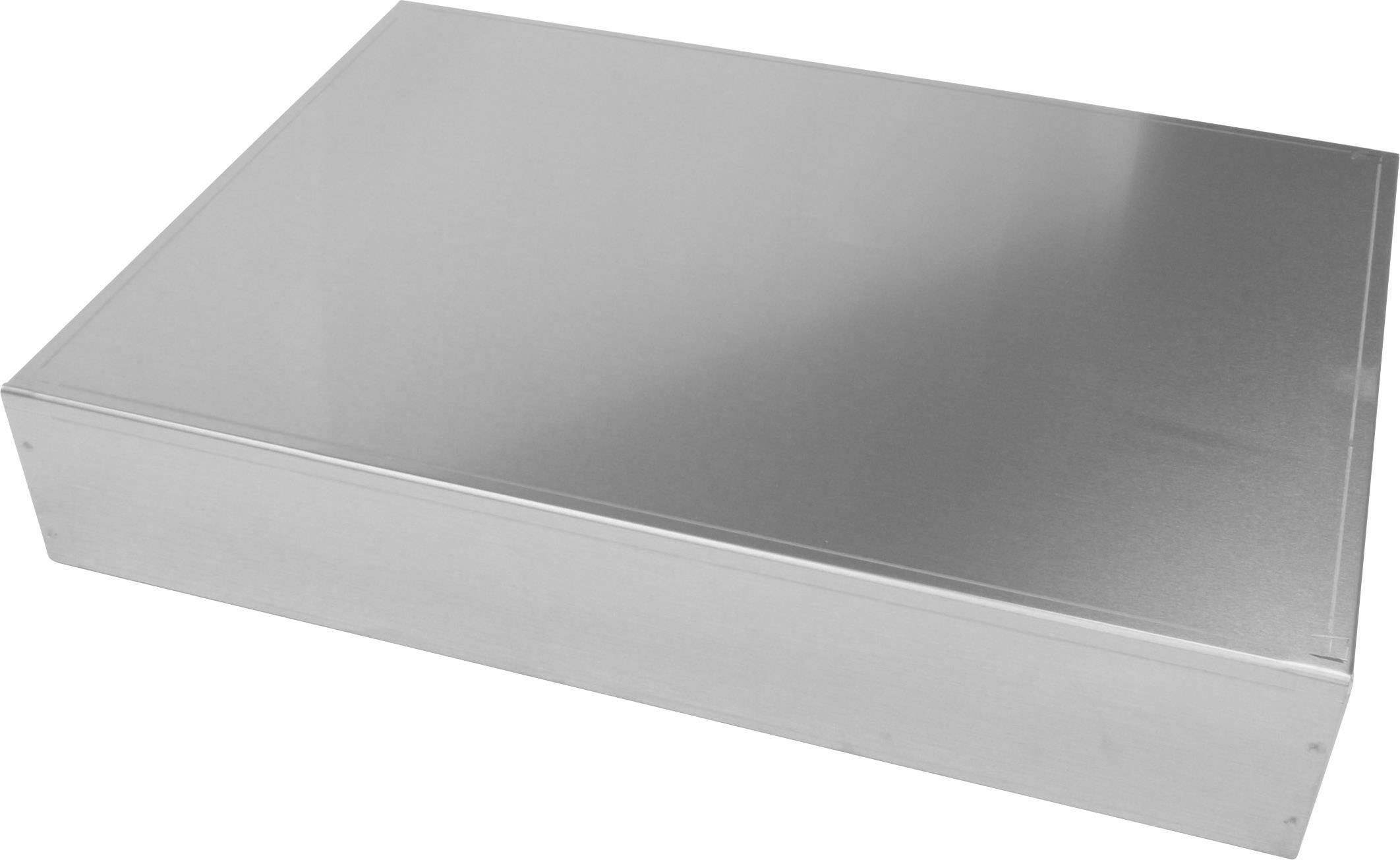Boîte métallique de forme rectangulaire, couleur argent, sur fond blanc.