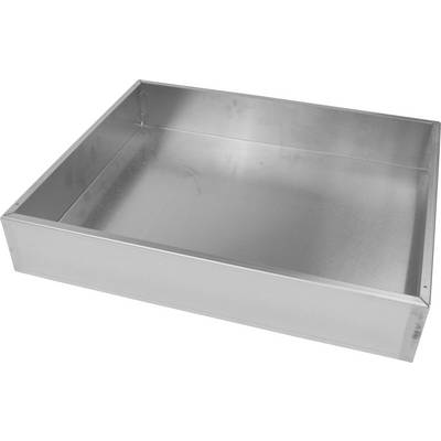 Un plateau rectangulaire en métal avec un rebord surélevé, adapté pour recueillir ou transporter des objets plats.