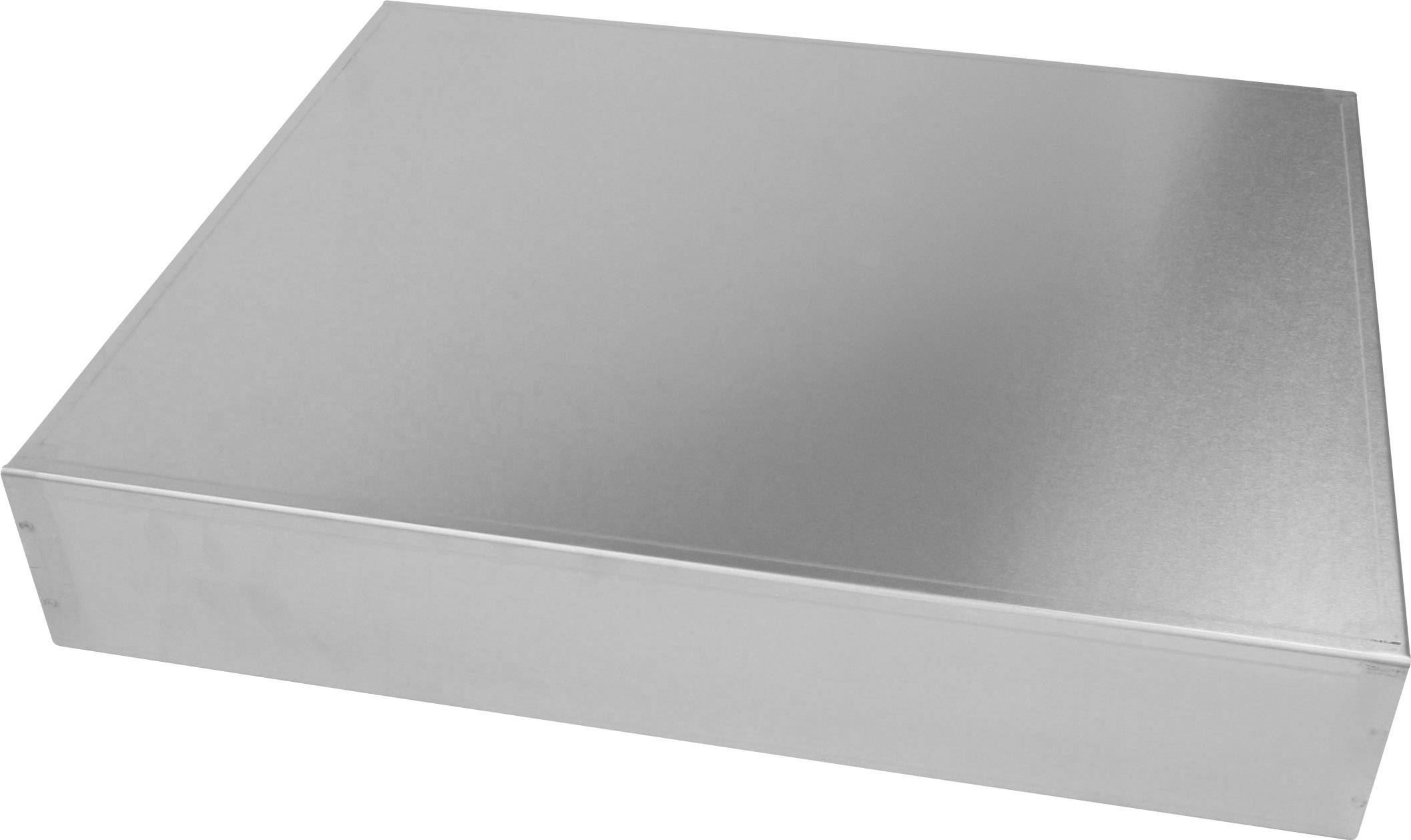 Un boîtier métallique rectangulaire et plat à surface lisse, utilisé pour le rangement ou comme boîtier pour des dispositifs techniques.