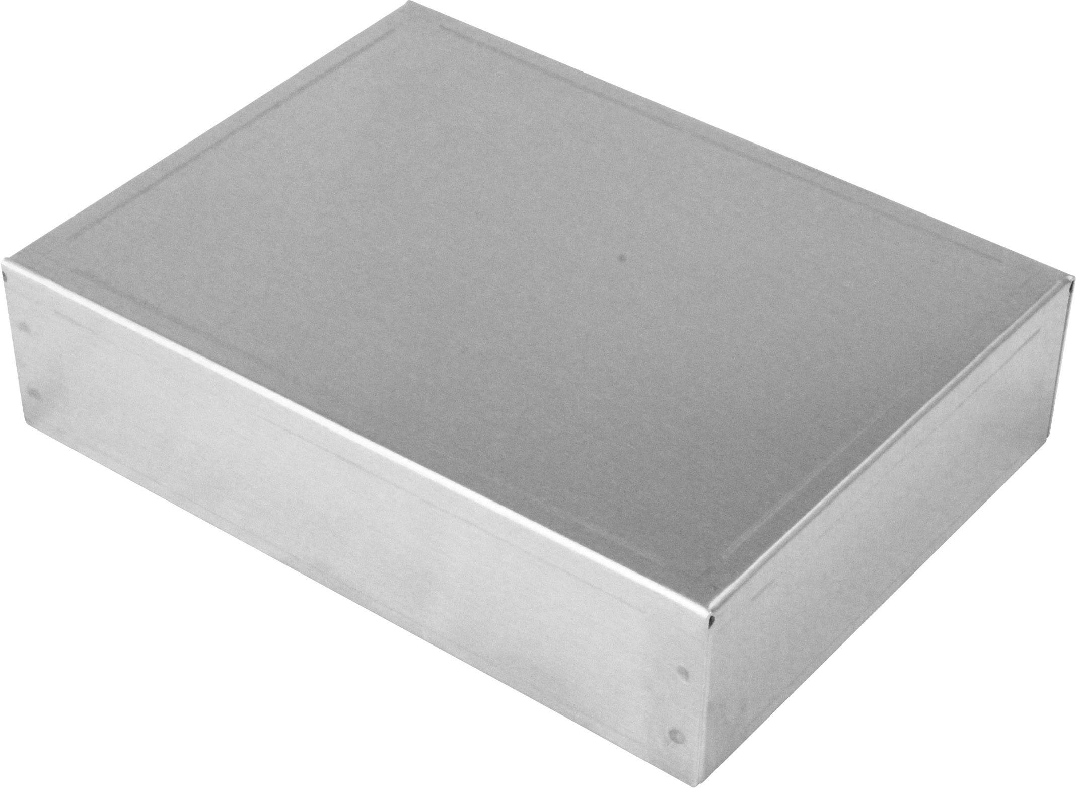 Boîtier en aluminium, rectangulaire, argenté, fermé.