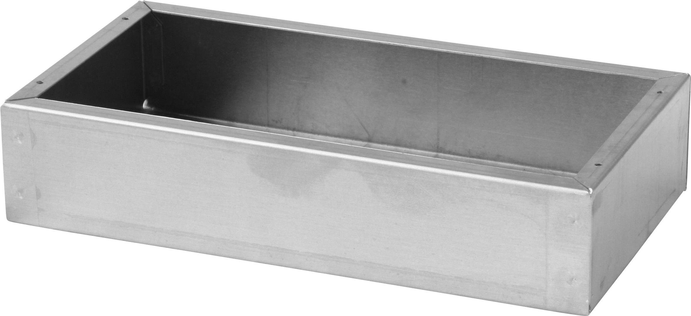 Un récipient rectangulaire en métal argenté avec un dessus ouvert. Convient au rangement ou au tri d'objets.