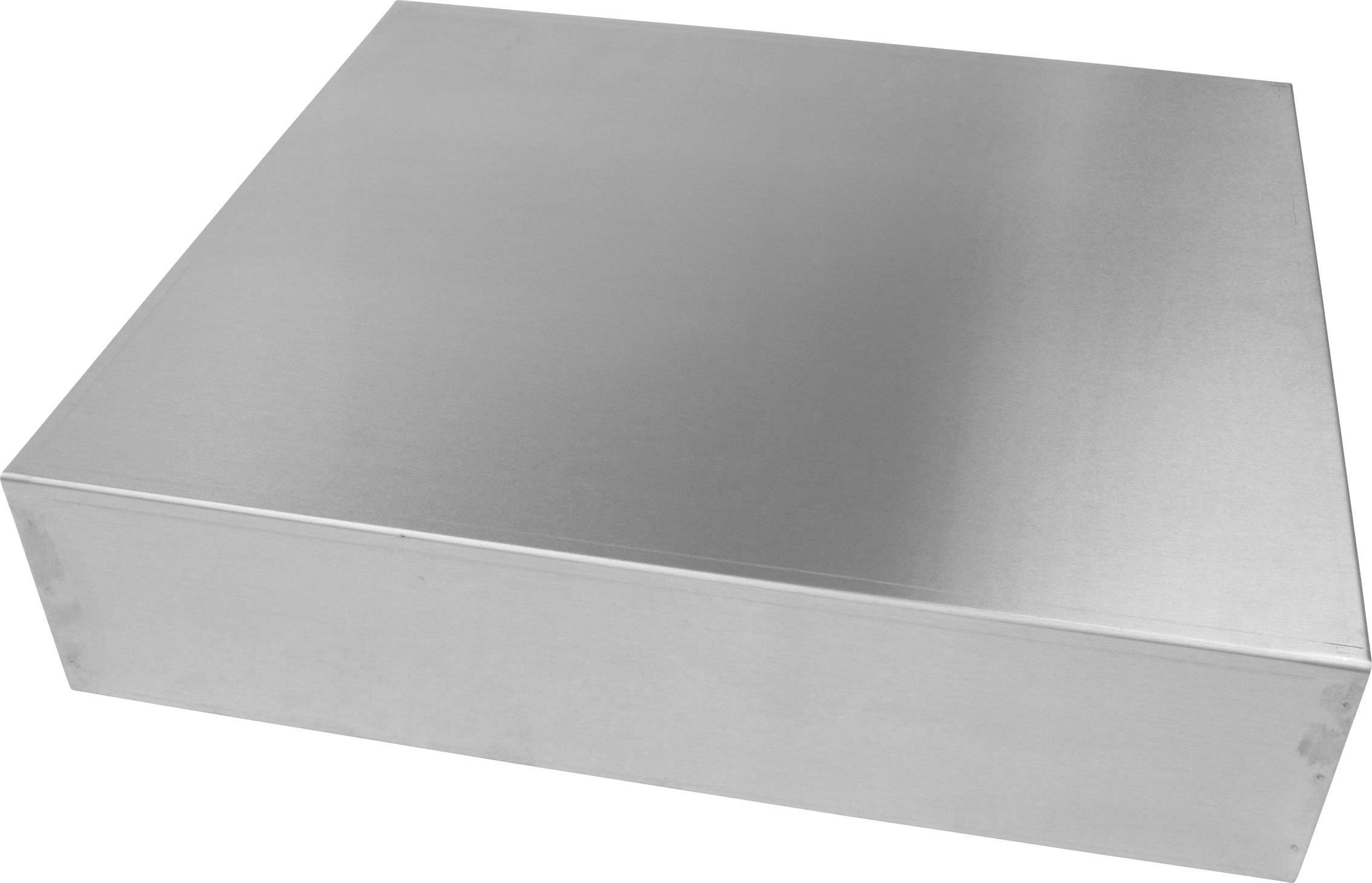 Boîte métallique à surface lisse et brillante, de forme rectangulaire, sur un fond clair.