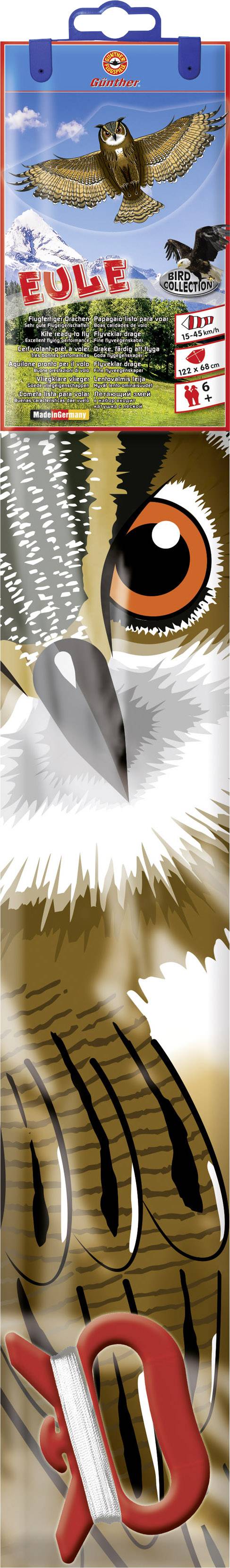 'Cerf-volant au design de hibou, représentant un hibou réaliste en vol. L'emballage recommande le produit pour les activités de plein air et le vol de cerf-volant.'