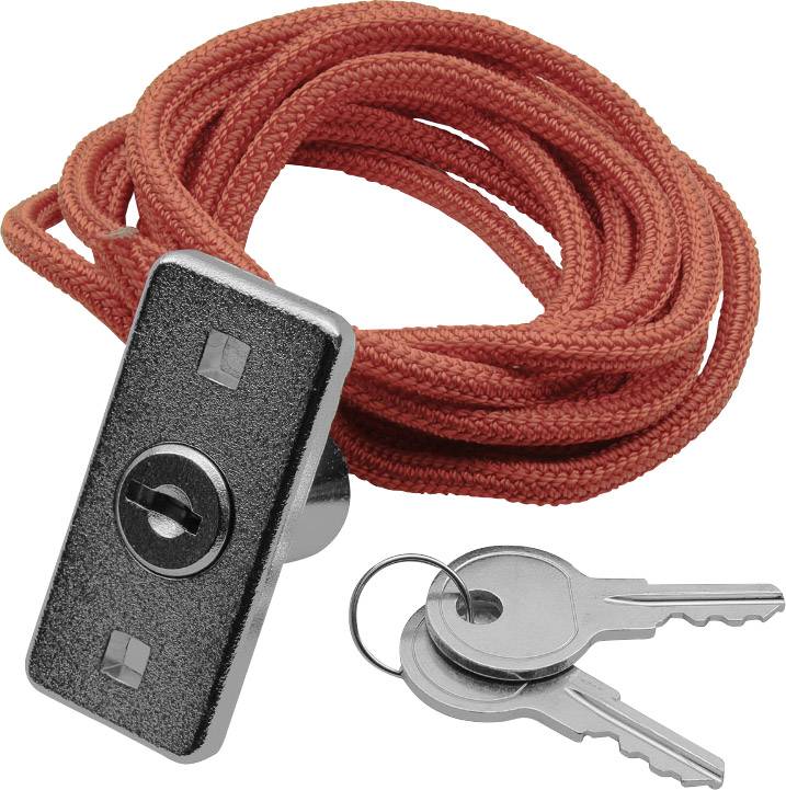 Un cadenas avec un câble rouge et deux clés. Le cadenas a une forme rectangulaire et est en métal.