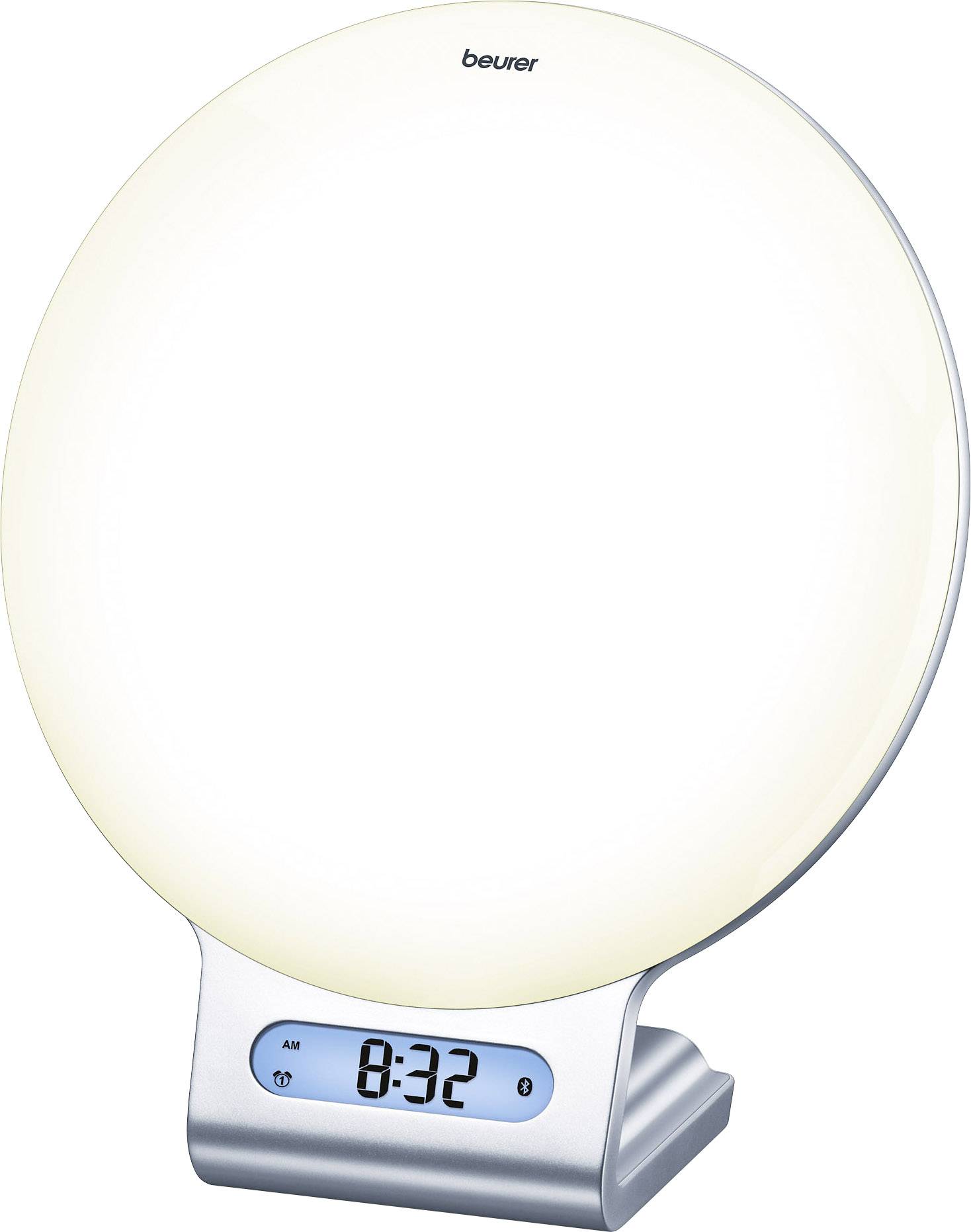 Lampe ronde de lumière du jour avec affichage numérique de l'heure '8:32' sur écran bleu, offrant une lumière proche de la lumière naturelle et soutenant le rythme biologique.
