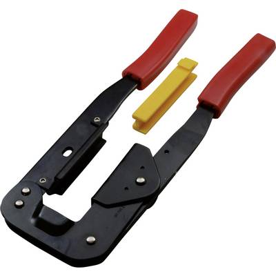 Outil de sertissage en métal avec poignées rouges et accessoire jaune. Utilisé pour connecter des câbles à des connecteurs.