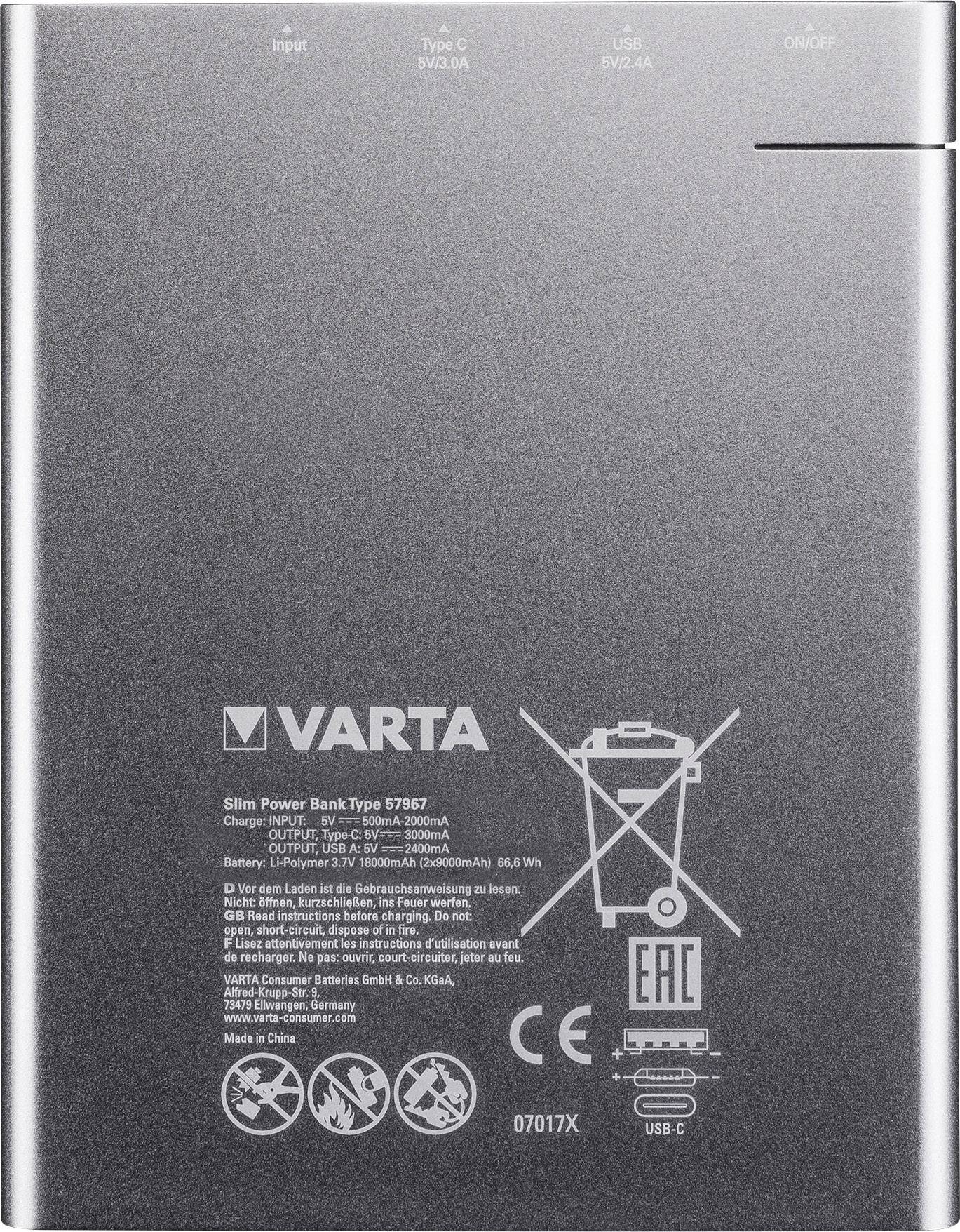 Varta Slim Power Bank 18000mAh Powerbank (batterie supplémentaire) 18000 mAh LiPo Micro USB argent affichage du statut-4
