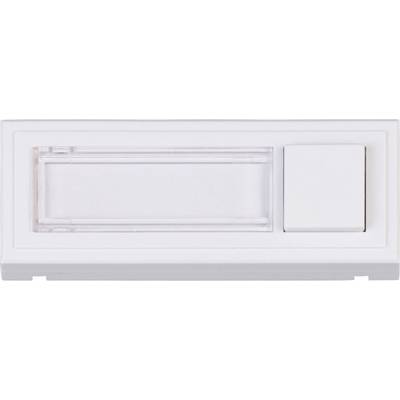 Affiche une plaque de sonnette blanche avec un support rectangulaire pour plaque nominative et un interrupteur. Idéal pour l'installation sur les portes d'entrée de maison ou d'appartement.