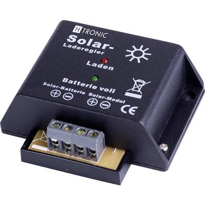 Contrôleur de charge solaire noir de H-Tronic avec voyant LED vert pour 'Charge' et voyant LED rouge pour 'Batterie pleine', bornes de connexion visibles.