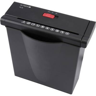 Un destructeur de documents noir avec des symboles d'avertissement de sécurité et des commandes en haut. Essentiel pour détruire en toute sécurité des documents.