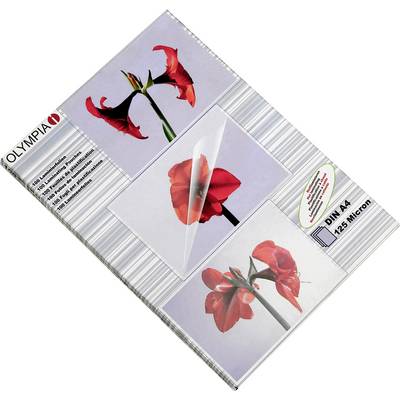 Emballage d'un ensemble de feuilles de plastification de la marque Olympia. Présente des images de fleurs rouges et les spécifications : A4, 125 microns.