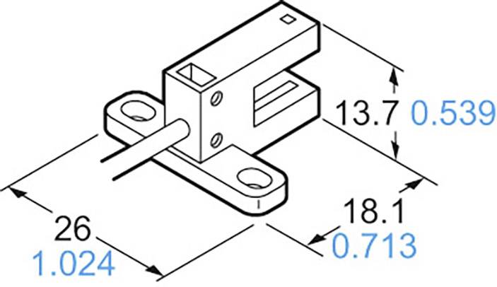 Dessin technique d'une pièce mécanique avec dimensions : largeur 26 mm, hauteur 13,7 mm, profondeur 18,1 mm. Dimensions également indiquées en pouces.