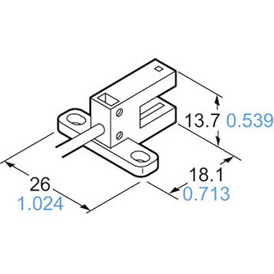 Dessin technique d'une pièce mécanique avec dimensions : largeur 26 mm, hauteur 13,7 mm, profondeur 18,1 mm. Dimensions également indiquées en pouces.