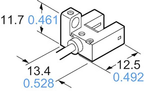 Diagramme présente un composant mécanique avec les dimensions : 11,7 mm, 13,4 mm, 12,5 mm. Chiffres en bleu : 0,461, 0,528, 0,492.