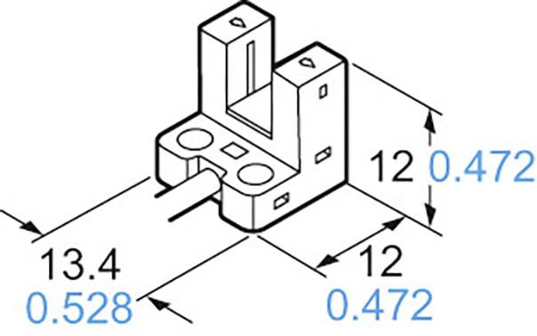 Dessin technique d'un composant avec les dimensions : largeur 13,4 mm, hauteur 12 mm. Autres marquages : 0,528 et 0,472 à différents endroits.