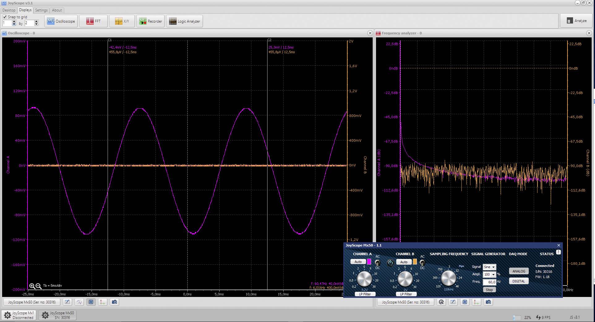 Un écran affiche un programme d'oscilloscope avec deux diagrammes. À gauche : une onde sinusoïdale et une ligne droite. À droite : un diagramme de fréquence avec du bruit. En bas : des contrôles pour les paramètres.
