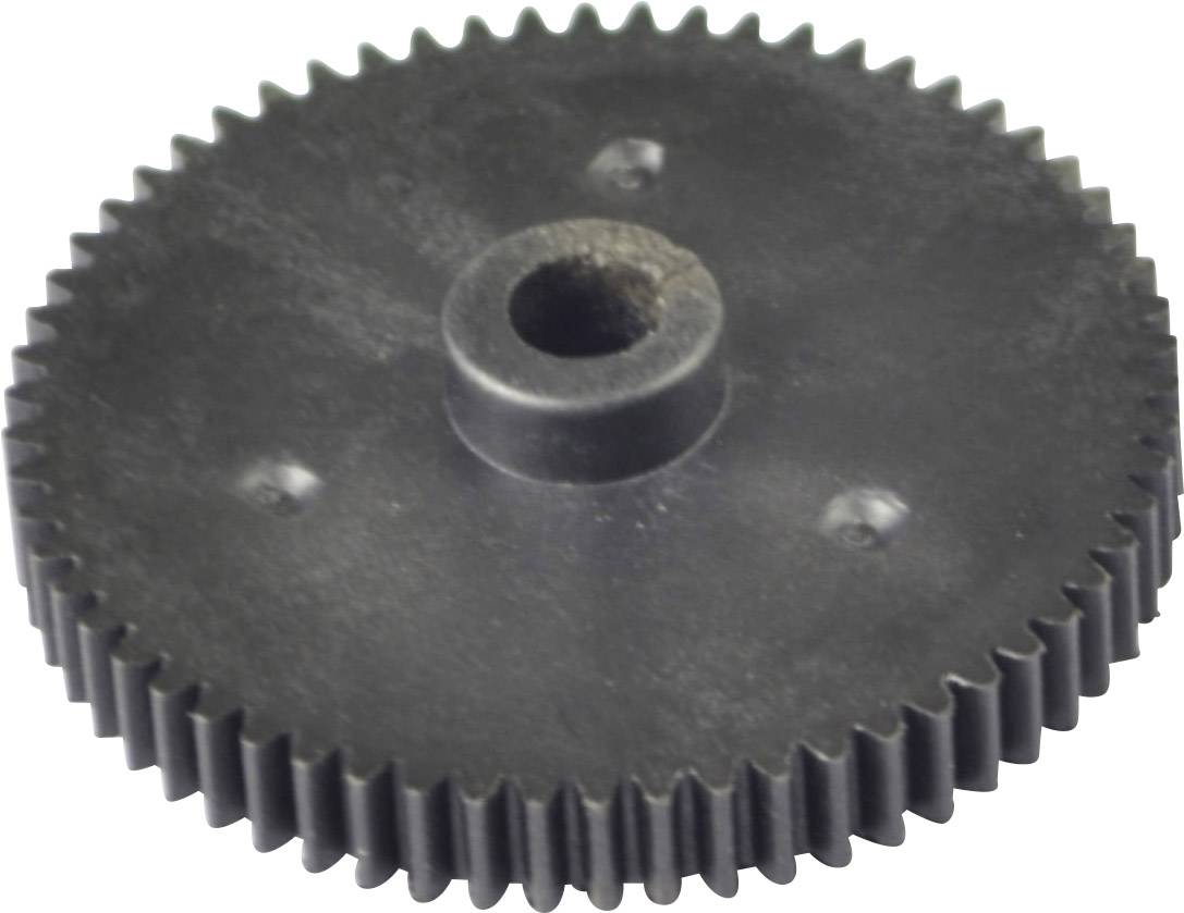 Roue dentée noire en plastique avec un trou central et de nombreuses dents sur le pourtour. Utilisée pour les transmissions mécaniques ou les dispositifs.