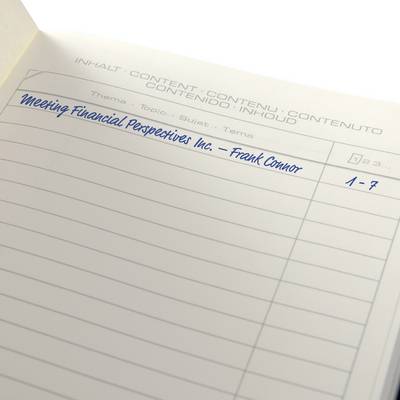 Un carnet vide avec une note manuscrite sur la première ligne : 'Meeting Financial Perspectives Inc. - Frank Connor' et une colonne de date.