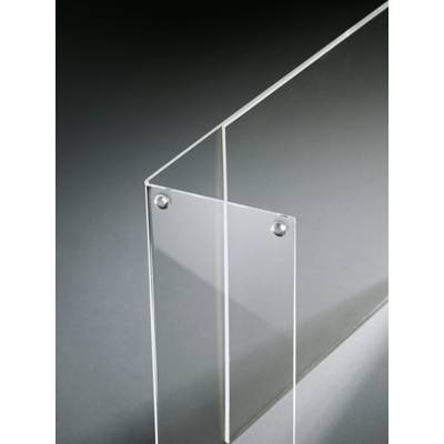 Du verre acrylique transparent, plié à angle droit dans un design moderne ; deux vis apparentes fixent la structure sur un fond gris.