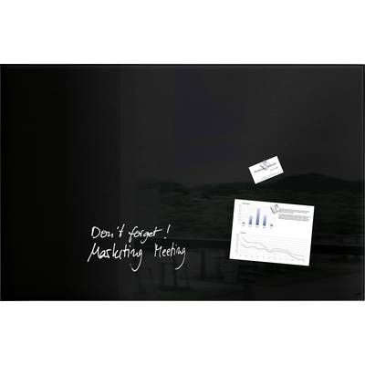 Un tableau avec une note 'N'oubliez pas ! Réunion Marketing', une carte de visite attachée et un diagramme comprenant des graphiques à barres et en courbe.