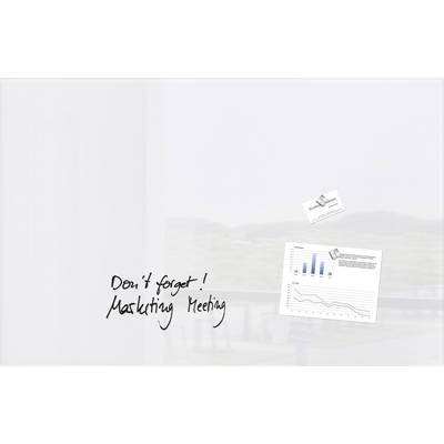 Un tableau blanc avec une note manuscrite 'N'oubliez pas ! Réunion Marketing', surmonté d'un petit graphique à barres et à lignes.