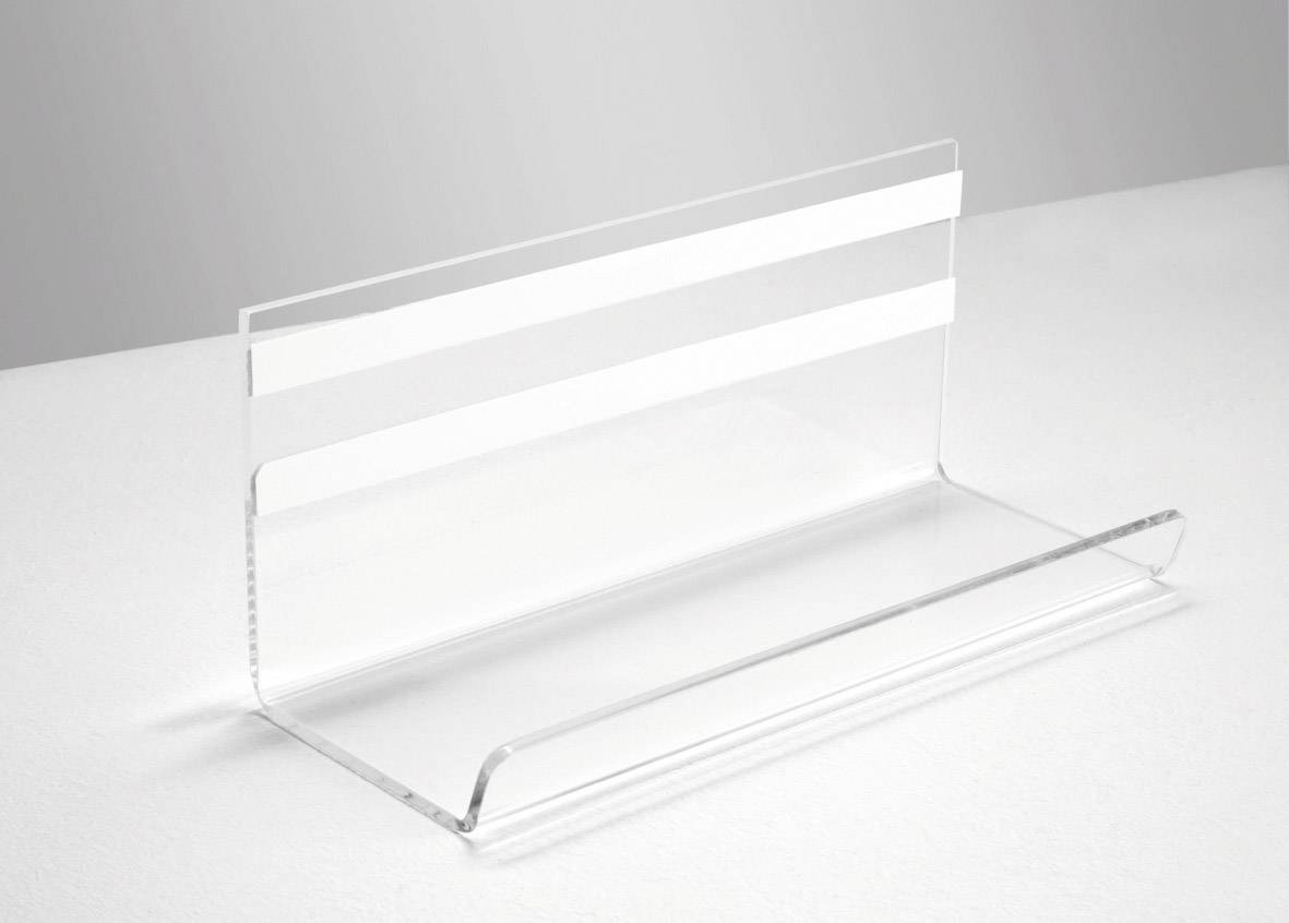 Support acrylique au design transparent, posé sur une surface blanche. Idéal pour la présentation de brochures ou de panneaux.