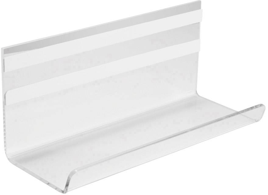 Un présentoir rectangulaire en acrylique transparent avec un fond surélevé. Idéal pour la présentation de brochures ou de petits objets.