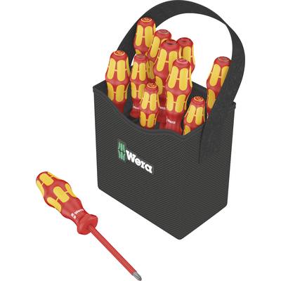 Un ensemble de tournevis rouge et jaune avec poignée, rangés dans un étui noir portant le logo 'Wera' sur l'avant.