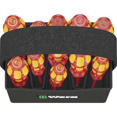 Neuf tournevis de différentes tailles, munis de manches rouges, sont rangés dans un support noir dans une boîte à outils.